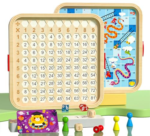ZUNIPLEX Multiplikationsbrett & Schlangen und Leitern 2-in-1,1x1 Lernen Spiel für Grundschüler,Montessori-Mathe-Spiel aus Holz,Rechenspiel für Kinder von 7-10 Jahren