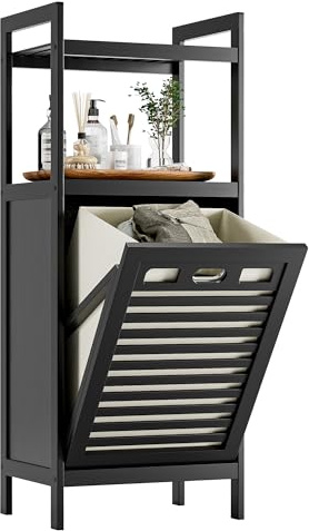 HITNET Mobile Bagno con Portabiancheria, Mobiletto Bagno da Terra in Bambù 2 Ripiani con 1 Cesto Portabiancheria, 40L Sacco Interno Rimovibile con Maniglie per Lavanderia e Camera da Letto, Nero
