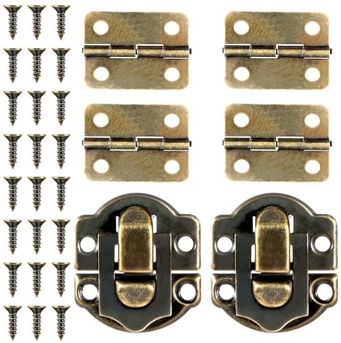 Small Hinges for Wooden Box Antique Wooden Box Hinge and Latches Retro Small Hinge Buckle Latch and Bronze Engraved for Decorative Cabinet Jewelry Boxes (2X Hasp Catch + 4X Hinges)