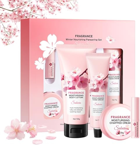Sakura Geschenk Set für Frauen, Sakura Pflegeset Damen 4 Stück, Beauty Geschenkset Mädchen Geburtstagsgeschenk, Sakura Skin Care Set mit Bodylotion Handcreme Feuchtigkeitscreme Lippenbalsam