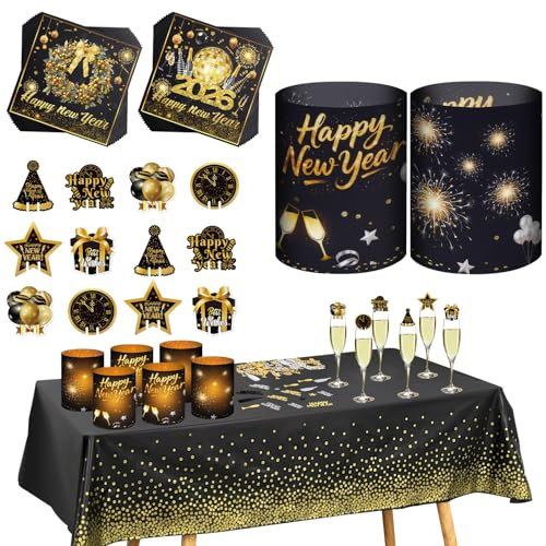 Silvester Deko 2026 Set, Windlicht Tischdeko + Servietten Silvester + Konfetti + Weinglas Deko + Tischdecke, Neujahr Silvesterdeko, Happy New Year Tischdeko Party Set