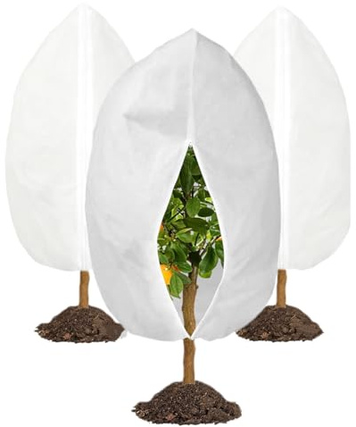 MYOWELL Lot de 3 protections hivernales pour plantes, 80 x 100 cm, sac antigel, translucides et respirants, pour palmiers, oliviers, arbres fruitiers, blanc, avec fermeture éclair et cordon de serrage
