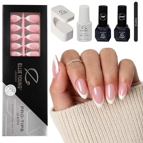 Ellie Young 150pcs Press-On Nails Pink Short Almond French Nail Tip,15 Sizes, PRO-TIPS Gel Acrylic Nail Extensions for Easy DIY ((SET) Short Almond)