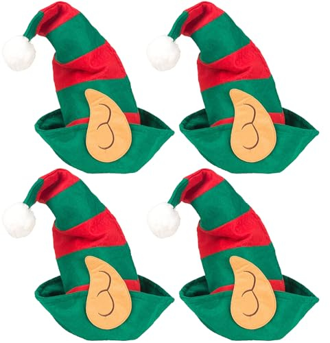 BOZILY 4 Stück Weihnachtselfen Hüte mit Elfen Ohren - Hochwertige Wichtelmützen für Weihnachtsfeier & Karneval - Weihnachtselfen Kostüm Zubehör für Kinder und Erwachsene