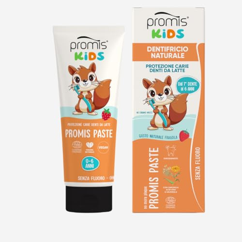 PROMIS Paste Kids tandkräm utan fluor 0–6 år, naturlig, bio och kariesförebyggande | Med hydroxyapatit för att skydda mjölktänder, säker vid förtäring och mild jordgubbsmak för daglig användning.