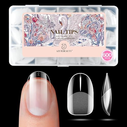 AZUREBEAUTY Short Oval Round Nail Tips, 600Pcs Soft Nail Tips for Gel Extensions Half Matte Full Cover Clear Acrylic Gel Kit False Press on Nails Manicure Salon DIY at Home Nail Art 15 Sizes