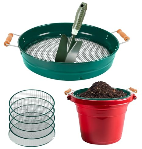 Tamiz de jardín 5 en 1, de acero inoxidable, con 5 insertos intercambiables de 1, 3, 6, 9, 12 mm, malla fina, incluye paleta de jardín, tamiz de abono de 34 cm para tierra, piedras, abono (verde)