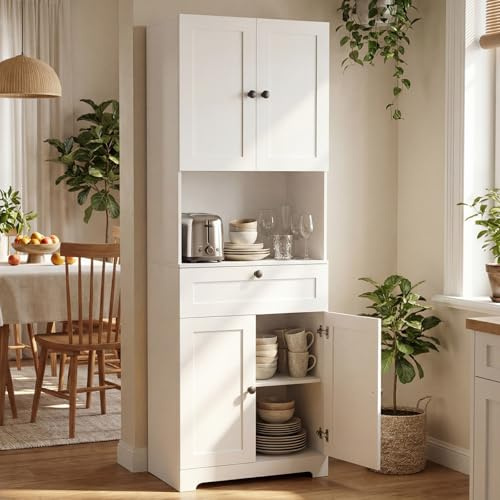 COSTWAY 171.5cm Tall Kitchen Cupboard, 4-Door Pantry Storage Cabinet | Adjustable Shelf, Drawer & Anti-tipping Device, Freestanding Sideboard Organizer Unit for Home Dining Room Living Room