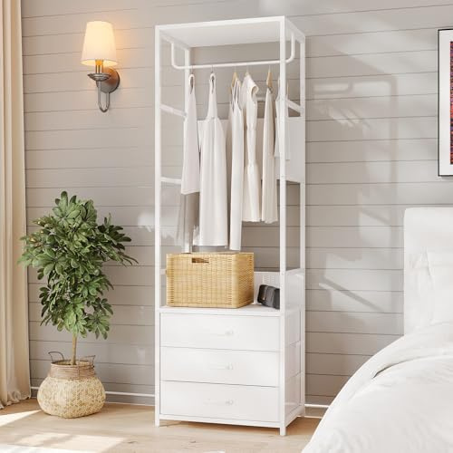 VOWNER Garderobenständer mit Schuhbank, 60cm Flurgarderobe, Kleiderständer, Freistehend, Garderobe mit 3 Schubladen und Kleiderstange, für Flur, Schlafzimmer, Wohnzimmer, Weiß, 60x180x40 cm