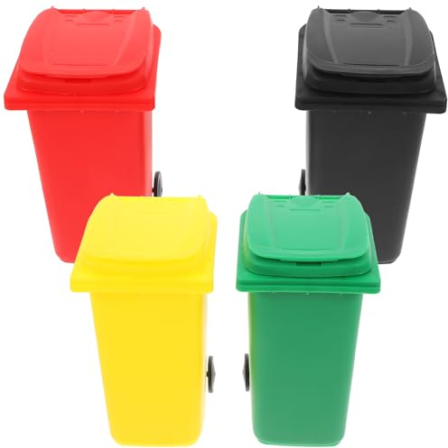 Alasum 4pcs Mini Wheelie Bin Desk Tidy Pencil Holders with Lid Small Plastic Pencil Containers for Stationery Storage Compact and Sleek Mini Trash Can for Office and Home Use