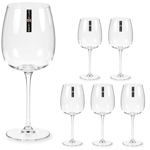 Katie Jayne Amphitrite 500ml Large Wine Glasses Set of 6, Gift-Boxed Set | Wave-Effect White & Red Wine Glasses | Large 500ml Capacity Thin Stem Glasses | 22 cm Tall Drinking Glasses | Glassware Set