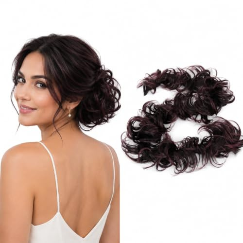 CAISHA 80cm Synthetic Wrap Bun Hair Piece Extension Dark Brown Mix HW27 | Heat Resistant Chignon Updo Scrunchie Voluminous Wavy Donut Accessories Messy Elastic Band Bridal Wedding Party Top Knot Fake