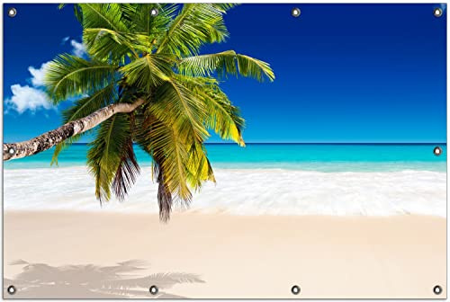 Wallario Outdoor-Poster für Garten oder Balkon Südseestrand in der Karibik mit Palme, Motivbanner Größe: ca. 100 x 150 cm, Outdoor-Bild