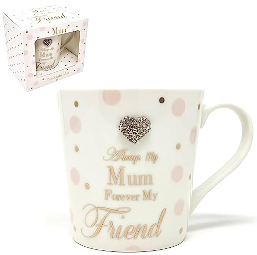 Leonardo Fine China Tea Coffee Mug Always My Mum Forever My Friend Spotted Metallic Gold Text Design Diamante Boxed Cup