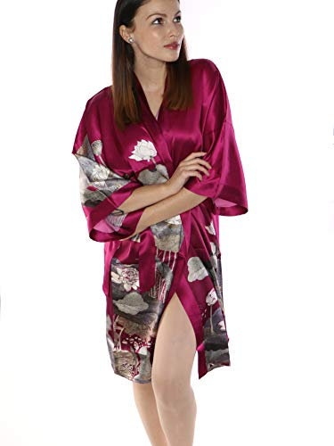 Prettystern Femme Robe Peignoir Chemise de Nuit en Soie Kimono Longueur du Genou Imprimé Fleur SK02 Rose foncé