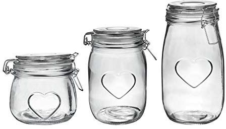 Nicola Spring Heart Design Glass Storage Food Preserve Jars - 500ml / 1L / 1.55L - Clear - Set of 3