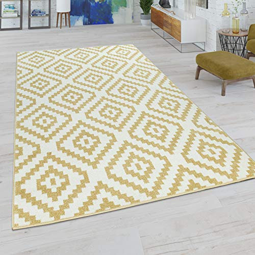 Paco Home Wohnzimmer Teppich, Rauten Muster in Pastell Farben, Moderner Boho Ethno Look, Grösse:70x140 cm, Farbe:Gelb-Weiß