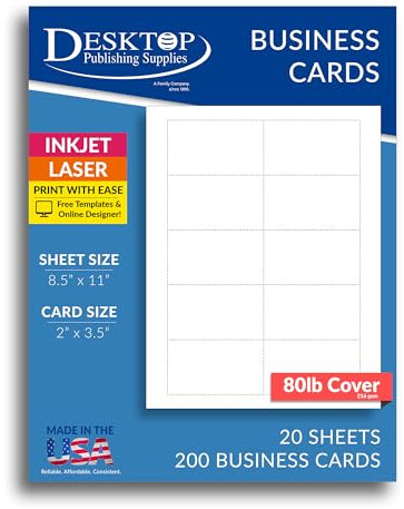 Visitenkartenpapier, blanko, 218 g/m², kompatibel mit Inkjet- und Laserdruckern, Standard 8,9 x 5,1 cm, Weiß 20 Sheets weiß