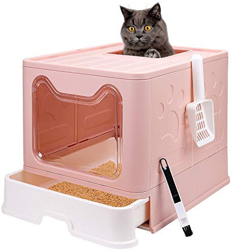 Faltbare Katzentoilette mit Deckel, Geschlossenes Katzentöpfchen, Top Entry Anti-Splashing Katzentoilette, Leicht zu Reinigen Inklusive Katzenstreuschaufel und 2-1 Reinigungsbürste (Rosa) Groß