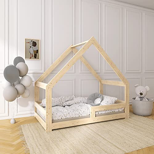 Need Sleep Kinderbett Haus Hausbett Bodentief 80x160 cm mit Rausfallschutz Lattenrost Bodenbett Montessori Bett ab 2 Jahre aus Holz Mädchen Junge Symmetrisch