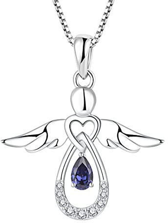 FJ Damen Kette Schutzengel Anhänger Halskette 925 Sterling Silber Engel Kette Tansanit Dezember Geburtsstein Halskette Schmuck Geschenke für Frauen Mädchen