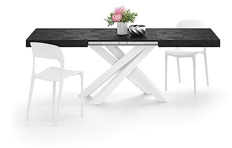 MOBILI FIVER, Table Extensible Emma 140(220) x90 cm, Noir Béton avec Pieds Croisés Blancs, pour 6-10 Personnes, Table Extensible pour Cuisine, Salon, Made in Italy