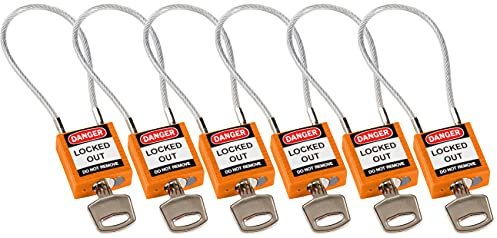 Brady Kompakte Kabel-Vorhängeschlöss 6er-Pack - Lockout Sicherheitsschloss mit Schlüssel - Wetterfest mit langer Bügel - Vorhängeschloss Verschiedenschließend - Kabellänge 200 mm, Orange