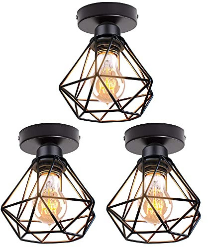 TOKIUS Deckenlampe, 16CM Vintage Deckenleuchte im Industrial Design Retro E27 Lampe aus Eisen Käfig Pendelleuchte Schwarz (3 Stücke)