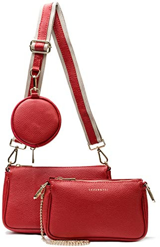 Lazarotti Damen Umhängetasche Milano - rot - Crossbody Bag breiter Gurt echtes Leder - Taschenset goldene Details