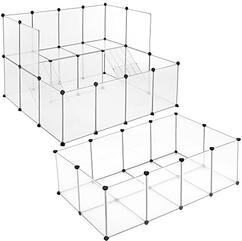 SONGMICS Laufstall für Kleintiere, Laufstall mit Bodenplatten, Gehege mit 2 Etagen und Treppen, Freigehege aus Kunststoff, für Meerschweinchen, Hamster, Kaninchen, weiß LPC799W01