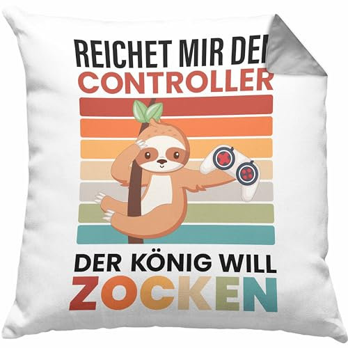 Trendation Zocken Reichet Mir den Controller König Kissen mit Füllung 40x40 Geschenk Gamer Jungs Jungen Geschenkidee Zocker Faultier Grafik (Grau)