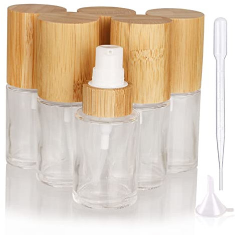 COSIDEA 6 bottiglie vuote da 30 ml in vetro trasparente con coperchio in bambù con dispenser per lozioni, flaconi ricaricabili per emulsione cosmetica, creme cosmetiche, articoli da toeletta da