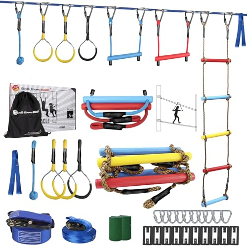 Ninja Warrior Obstacle Course for Kids - 2 * 56FT Slackline Kit with 8 Obstacles | Upgraded Quick-Install Buckles (No Threading Needed), CPC Compliant Outdoor Play Set