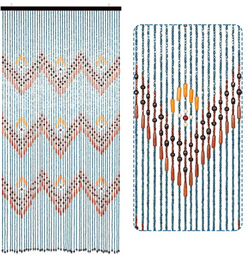 Osunnus Boho Bamboo Beaded Curtain 35.5 x 75 Inches 52 Strands Handmade Hanging Wooden Door Beads Hippie Curtains Room Divider for Doorway Window Home Decor, Blue