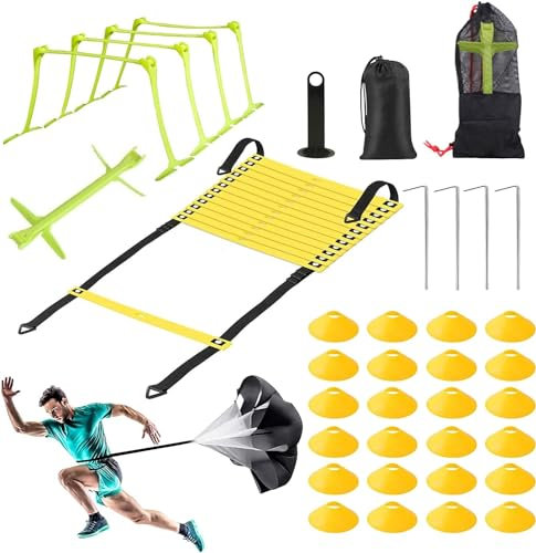 Set di Agilità velocità Allenamento, Kit Allenamento Calcio, 6M Scala Allenamento, 24Coni Allenamento Calcio, 4 Picchetti di Terra, 1 Paracadute da Corsa di Resistenza, Scaletta Calcio Allenamento