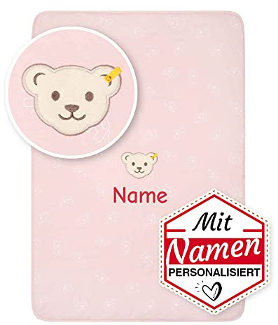 Steiff Babydecke mit Namen personalisiert/Bestickt, Individuelle Kuscheldecke/Krabbeldecke, Personalisierte Baby Decke mit Name als Geschenk zur Geburt, Geburtstag & Taufe (Rosa)
