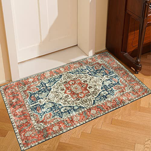 CHOSHOME Waschbarer Teppich Schlafzimmer Vintage Kurzflor Teppich Wohnzimmer rutschfest Teppich Läufer 60x110CM Vintage Teppich Outdoor Teppich Mit Orient Design Teppich Klein Innen Teppich Orange
