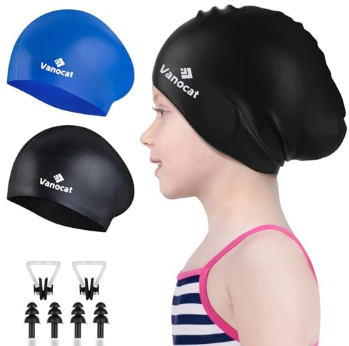 Vanocat 2 Pack Badekappe Kinder Lange/Kurze Haare, Unisex Badekappe Mädchen Jungen für Alter von 3–15 Jahren Kleinkind wasserdichte, Bademütze schwimmkappe mit Ohrstöpseln Nasenclip-Schwarz+Blau