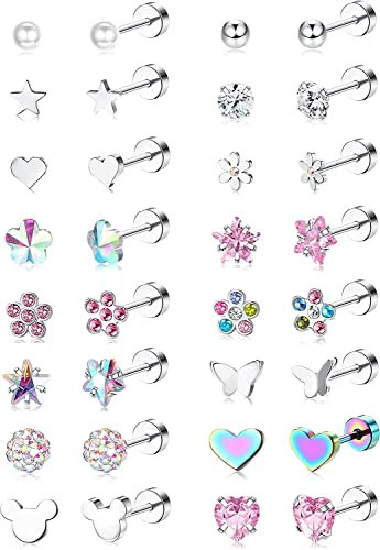 Diamday 16 Paia Orecchini a Vite per Ragazze e Donne - Acciaio Inossidabile, Piccolo Cartilagine, CZ Cuore Fiore, Piercing Piatto Perno Set - Tragus Helix Multicolore B