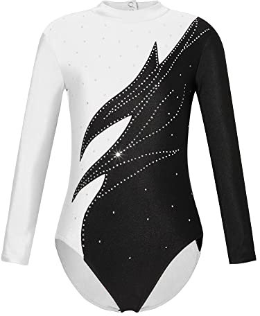 iEFiEL Mädchen Metallic Turnanzug Langarm Gymnastikanzug Tanzbody Leotard mit Strass Glänzende Ballett Trikot Turnkleidung Tanzkostüm Wc Weiß 146-152