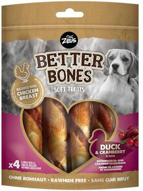 BetterBones – weicher Kausnack für Hunde, ohne Rohhaut, umwickelte Rollen mit Ente mit Cranberry, 12,5cm, 4er Pack