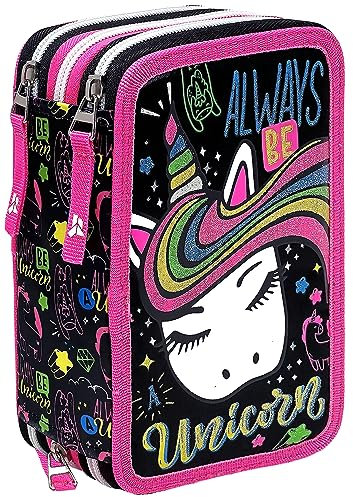 Julian Ross Be Unicorn Astuccio Triplo Riempito Bambina, 45 Accessori Scuola Elementare, 20 Centimetri, Colla Stick, Mina+, 3 Zip, Scomparti Organizzati