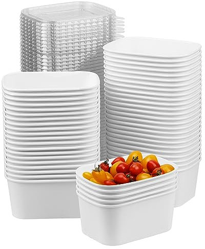 Giwrmu 34 Oz 50 Pcs Disposable Paper Salad Bowls with Clear Lids, 1000 ML Disposable Food Containers, Square Large Paper Salad Bowl with Covers Used for Salad, Ice Cream, Noodles, BBQ(White)