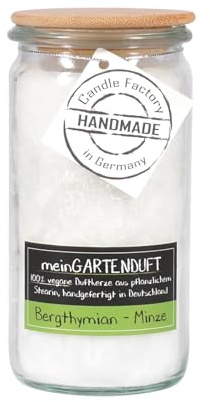 Candle Factory meinGARTENDUFT vegane Duftkerzen aus pflanzlichem Stearin im hitzebeständigen Glas der Marke Weck®, ca. 70h Brennzeit, Duft: Bergthymian - Minze