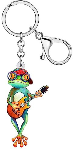 WEVENI Porte-clés grenouille en acrylique mignon pour sac de voiture, portefeuille, bijoux pour femmes et filles, Guitare grenouille, 41mm x 40mm