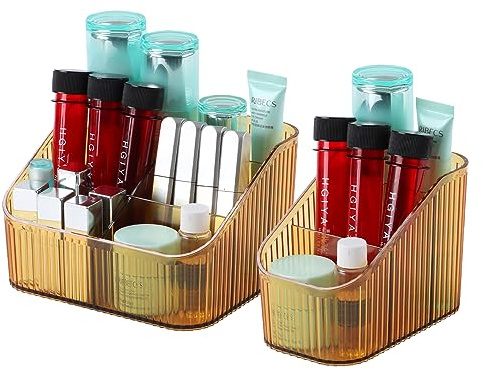 OSteed Amber Makeup Organiser, Bathroom Storage Box, Small Desk Organiser | 8 Cups, Small Skincare Organiser, Hairbrush Pot, Plastic Caddy, Lipstick, Nail Polish, Cotton Bud Holder, Desk Tidy, Acrylic