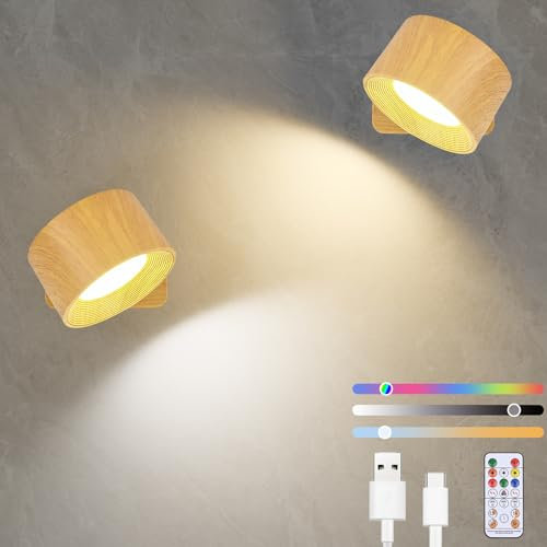 Diealles Shine Applique da Parete Interno 2 Pcs, USB-C Lampada da Parete, Plafoniere da Parete Dimmerabili Senza Forare, Ruotare 360°, Touch Control e Telecomando, 19 RGB Colori (Colore Legno)
