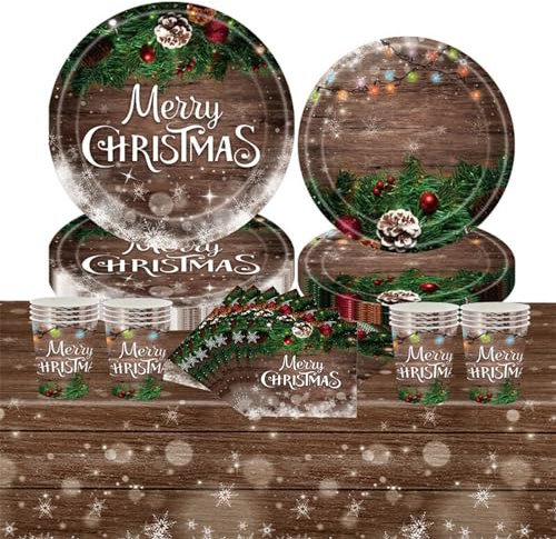 69Pcs Christmas Party Tableware Plastic Table Cloth Cover,Paper Plates,Napkins and Cups for Xmas Party Table Decorations,Woodgrain Merry Christmas Dinnerware Set for Christmas Party Supplie