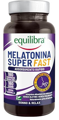 Equilibra Integratori Alimentari, Melatonina Super Fast, per Ridurre il Tempo per Prendere Sonno, con Assorbimento Rapido, Senza Bisogno di Acqua, Aroma Camomilla, Vegan, 180 Compresse Orosolubili