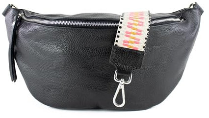 lePelou große Leder Bauchtasche für Damen mit Wechselgurt, Festival Tasche, Frauen Bauchtasche mit breitem Schultergurt, Kleine Umhängetasche, XL Crossbody Tasche, Geschenk für Damen (Schwarz 1)